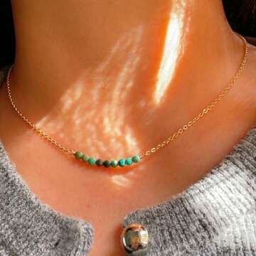 DeScount Dainty Beaded Turquoise Bar Necklace,December Birthstone Gift Necklace,18K Gold Plated Hand...