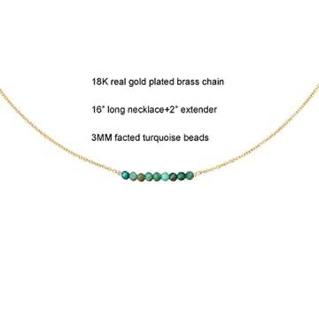 DeScount Dainty Beaded Turquoise Bar Necklace,December Birthstone Gift Necklace,18K Gold Plated Handmade Faceted Turquoise Stone Beads Bar Boho Necklaces for Women