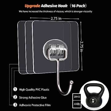 DKHDBD Large Adhesive Hooks, 16-Pack Hold 44lb(Max) Heavy Duty Sticky Hooks, Waterproof Transparent ...