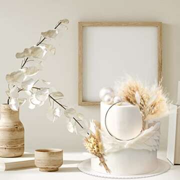 Sinmoe 2 Pcs Boho Cake Topper Decorations Pampas Grass Dried Flower Cake Topper Wreath Hoop Various Dried Pampas Grass Cake Decor for Bohemian Wedding Bridal Birthday Party Supplies (Elegant Style)