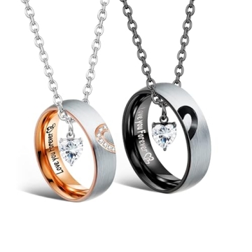 ZELORES Couple Necklaces and Promise Rings Set - Heart Pendant Gift