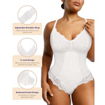 SHAPELLX White Lace Bodysuit Shapewear Tummy Control Body Shaper V Neck Sculpting Body Suit Thong Low Back Shaping (White,Medium)