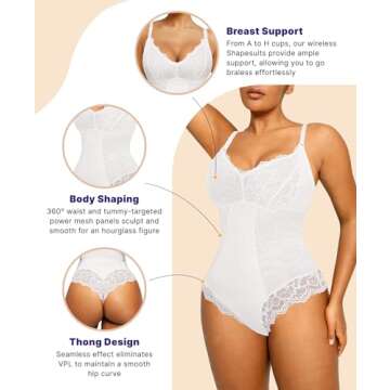 SHAPELLX White Lace Bodysuit Shapewear Tummy Control Body Shaper V Neck Sculpting Body Suit Thong Low Back Shaping (White,Medium)