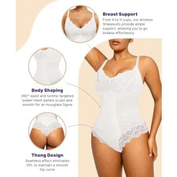 SHAPELLX White Lace Bodysuit Shapewear Tummy Control Body Shaper V Neck Sculpting Body Suit Thong Low Back Shaping (White,Medium)