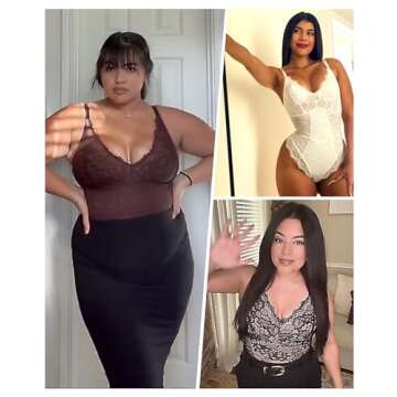 SHAPELLX White Lace Bodysuit Shapewear Tummy Control Body Shaper V Neck Sculpting Body Suit Thong Low Back Shaping (White,Medium)