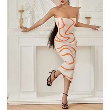 Printed Knit Maxi Long Dress for Women Backless Cutout Strapless Midi Dress Summer Tube Bodycon Dress(01-Strapless Orange,M)
