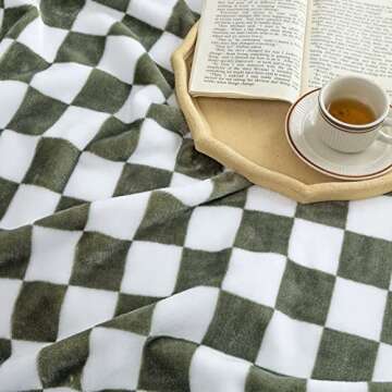 LOMAO Throw Blankets Flannel Blanket with Checkerboard Grid Pattern Soft Throw Blanket for Couch, Bed, Sofa Luxurious Warm and Cozy for All Seasons (Dark Olive, 50"x60")