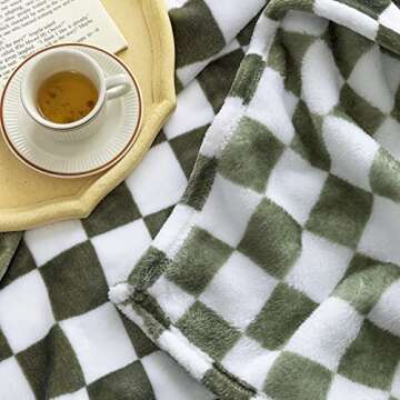 LOMAO Throw Blankets Flannel Blanket with Checkerboard Grid Pattern Soft Throw Blanket for Couch, Bed, Sofa Luxurious Warm and Cozy for All Seasons (Dark Olive, 50"x60")