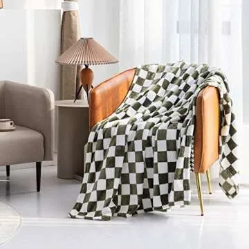 LOMAO Throw Blankets Flannel Blanket with Checkerboard Grid Pattern Soft Throw Blanket for Couch, Bed, Sofa Luxurious Warm and Cozy for All Seasons (Dark Olive, 50"x60")