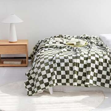 LOMAO Throw Blankets Flannel Blanket with Checkerboard Grid Pattern Soft Throw Blanket for Couch, Bed, Sofa Luxurious Warm and Cozy for All Seasons (Dark Olive, 50"x60")