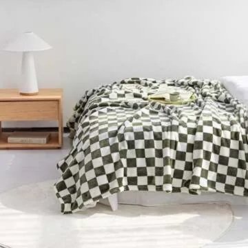 LOMAO Throw Blankets Flannel Blanket with Checkerboard Grid Pattern Soft Throw Blanket for Couch, Bed, Sofa Luxurious Warm and Cozy for All Seasons (Dark Olive, 50"x60")