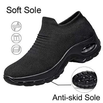 YHOON Women's Walking Shoes - Sock Sneakers Slip on Mesh Platform Air Cushion Athletic Shoes Work Nurse Comfortable Black 5.5