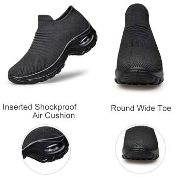 YHOON Women's Walking Shoes - Sock Sneakers Slip on Mesh Platform Air Cushion Athletic Shoes Work Nurse Comfortable Black 5.5