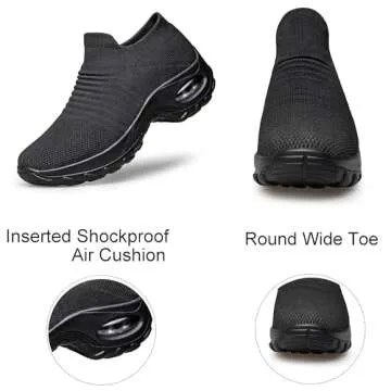 YHOON Women's Walking Shoes - Sock Sneakers Slip on Mesh Platform Air Cushion Athletic Shoes Work Nurse Comfortable Black 5.5