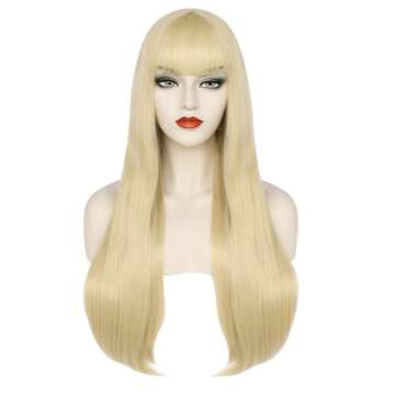 Anogol Wig Cap +Long Blonde Wig With Bangs 28 inch Long Straight Wig for Woman Cosplay Blonde Wigs f...