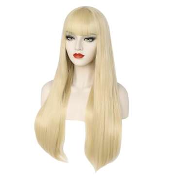 Anogol Wig Cap +Long Blonde Wig With Bangs 28 inch Long Straight Wig for Woman Cosplay Blonde Wigs for Girls Colored Wig Heat Resistant Synthetic Wigs For Daily Use Halloween Party Costume Anime