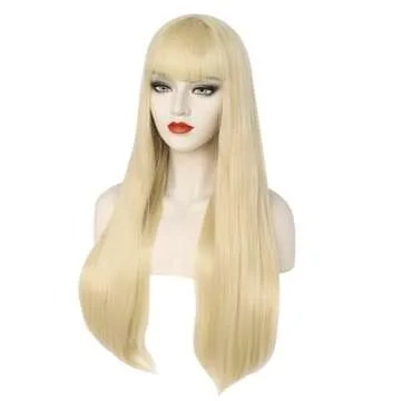 Anogol Wig Cap +Long Blonde Wig With Bangs 28 inch Long Straight Wig for Woman Cosplay Blonde Wigs for Girls Colored Wig Heat Resistant Synthetic Wigs For Daily Use Halloween Party Costume Anime