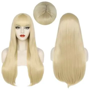 Anogol Wig Cap +Long Blonde Wig With Bangs 28 inch Long Straight Wig for Woman Cosplay Blonde Wigs for Girls Colored Wig Heat Resistant Synthetic Wigs For Daily Use Halloween Party Costume Anime