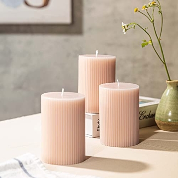 3-Pack Pink Beige Ribbed Pillar Candles Unscented, 2.75x4 Inches Whisper Pink Beige Candles Handmade...