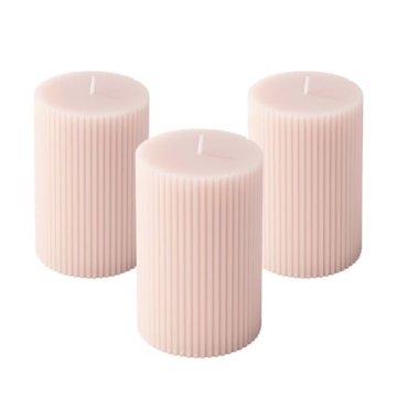 Elegant 3-Pack Pink Beige Ribbed Pillar Candles
