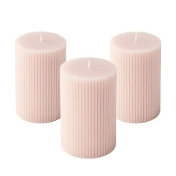 Elegant 3-Pack Pink Beige Ribbed Pillar Candles