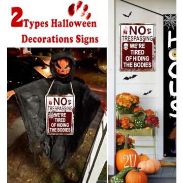 2 Packs Halloween Decoration Halloween Signs, 13"x10" Funny Metal Tin Sign No Trespassing We're Tired of Hiding The Bodies Perfect for Indoor/Outdoor