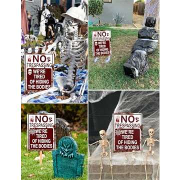 2 Packs Halloween Decoration Halloween Signs, 13"x10" Funny Metal Tin Sign No Trespassing We're Tired of Hiding The Bodies Perfect for Indoor/Outdoor