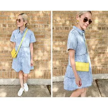 luvamia Women's Casual Denim Dress Short Sleeve Tiered Babydoll Jean Tunic Dress Y2K Dress Roadknight Blue Size Large (Size 12- Size 14)