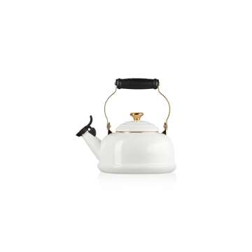 Le Creuset Enamel on Steel Whistling Kettle with Gold Finishes, 1.7 qt., White