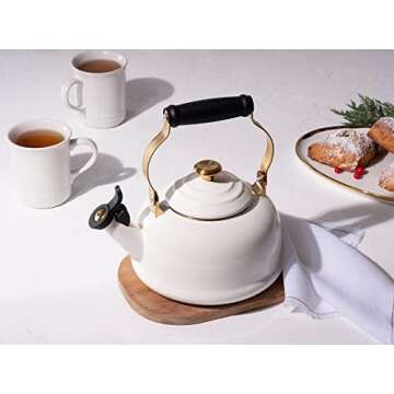 Le Creuset Enamel on Steel Whistling Kettle with Gold Finishes, 1.7 qt., White