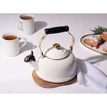 Le Creuset Enamel on Steel Whistling Kettle with Gold Finishes, 1.7 qt., White