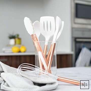 STYLED SETTINGS White Silicone and Copper Kitchen Utensils Set - 6-Piece Rose Gold Cooking Tools for Nonstick Cookware - Stylish Copper Kitchen Accessories and Modern Decor