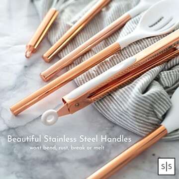 STYLED SETTINGS White Silicone and Copper Kitchen Utensils Set - 6-Piece Rose Gold Cooking Tools for Nonstick Cookware - Stylish Copper Kitchen Accessories and Modern Decor