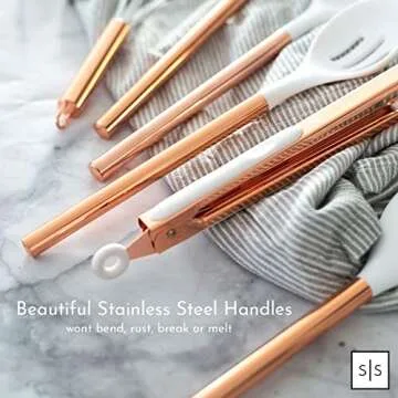 STYLED SETTINGS White Silicone and Copper Kitchen Utensils Set - 6-Piece Rose Gold Cooking Tools for Nonstick Cookware - Stylish Copper Kitchen Accessories and Modern Decor