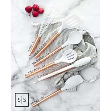 STYLED SETTINGS White Silicone and Copper Kitchen Utensils Set - 6-Piece Rose Gold Cooking Tools for Nonstick Cookware - Stylish Copper Kitchen Accessories and Modern Decor
