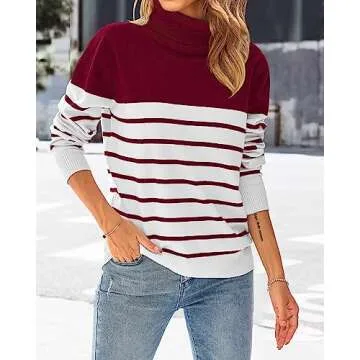 KIRUNDO Women's 2024 Fall Winter Turtleneck Knitted Sweater Long Sleeve Striped Color Block Loose Ribbed Pullover Tops(Large, Stripe-Red)