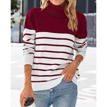 KIRUNDO Women's 2024 Fall Winter Turtleneck Knitted Sweater Long Sleeve Striped Color Block Loose Ribbed Pullover Tops(Large, Stripe-Red)