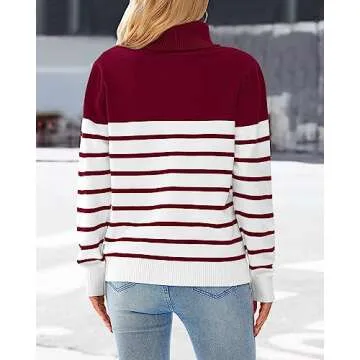 KIRUNDO Women's 2024 Fall Winter Turtleneck Knitted Sweater Long Sleeve Striped Color Block Loose Ribbed Pullover Tops(Large, Stripe-Red)