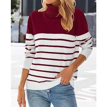KIRUNDO Women's 2024 Fall Winter Turtleneck Knitted Sweater Long Sleeve Striped Color Block Loose Ribbed Pullover Tops(Large, Stripe-Red)