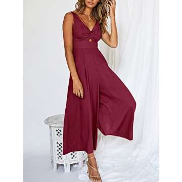 ANRABESS Women's Summer Wide Leg Linen Jumpsuits Dressy V Neck Sleeveless Casual Pants Rompers 2025 Vacation Beach Outfits Fuchsia Medium