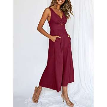 ANRABESS Women's Summer Wide Leg Linen Jumpsuits Dressy V Neck Sleeveless Casual Pants Rompers 2025 Vacation Beach Outfits Fuchsia Medium
