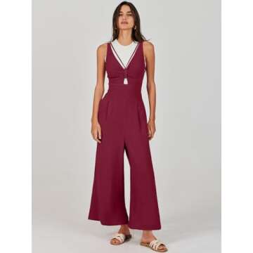 ANRABESS Women's Summer Wide Leg Linen Jumpsuits Dressy V Neck Sleeveless Casual Pants Rompers 2025 Vacation Beach Outfits Fuchsia Medium