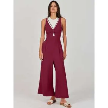 ANRABESS Women's Summer Wide Leg Linen Jumpsuits Dressy V Neck Sleeveless Casual Pants Rompers 2025 Vacation Beach Outfits Fuchsia Medium