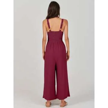 ANRABESS Women's Summer Wide Leg Linen Jumpsuits Dressy V Neck Sleeveless Casual Pants Rompers 2025 Vacation Beach Outfits Fuchsia Medium