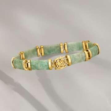Ross-Simons Jade Good Fortune Bracelet in 18kt Gold Over Sterling. 7.5 inches