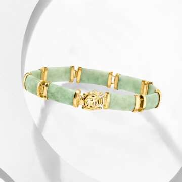 Ross-Simons Jade Good Fortune Bracelet in 18kt Gold Over Sterling. 7.5 inches