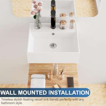 Floating Bathroom Vessel Sink Wall Mount, Hugsleek 16 x 13 inch Rectangle White Porcelain Ceramic Ve...