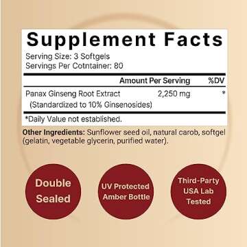 NatureBell Korean Red Ginseng 2,250mg Per Serving, 240 Softgels | Panax Ginseng Root, Standardized t...