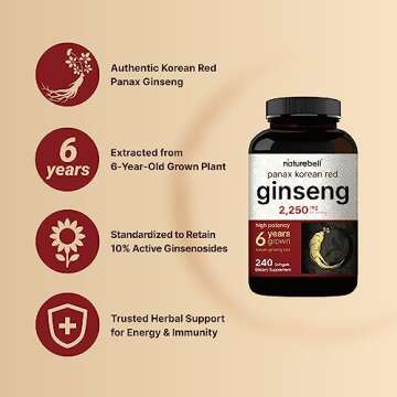 NatureBell Korean Red Ginseng 2,250mg Per Serving, 240 Softgels | Panax Ginseng Root, Standardized to 10% Ginsenosides, Non-GMO, Support Energy, Male Performance, & Immune System