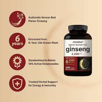 NatureBell Korean Red Ginseng 2,250mg Per Serving, 240 Softgels | Panax Ginseng Root, Standardized to 10% Ginsenosides, Non-GMO, Support Energy, Male Performance, & Immune System